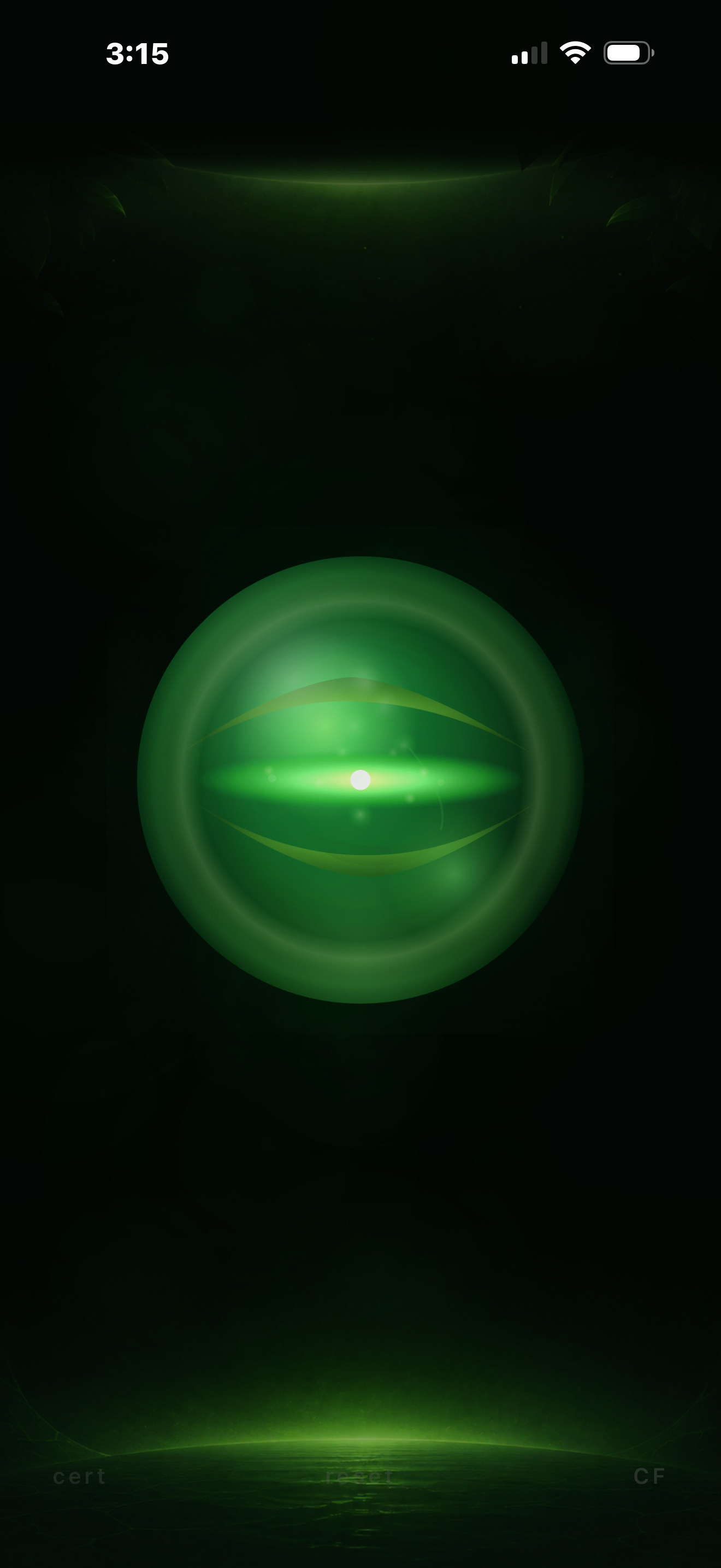 Actual STOMEL app screenshot: the living green stoma in a dark atmospheric field, with cert, reset and CF controls visible along the bottom.