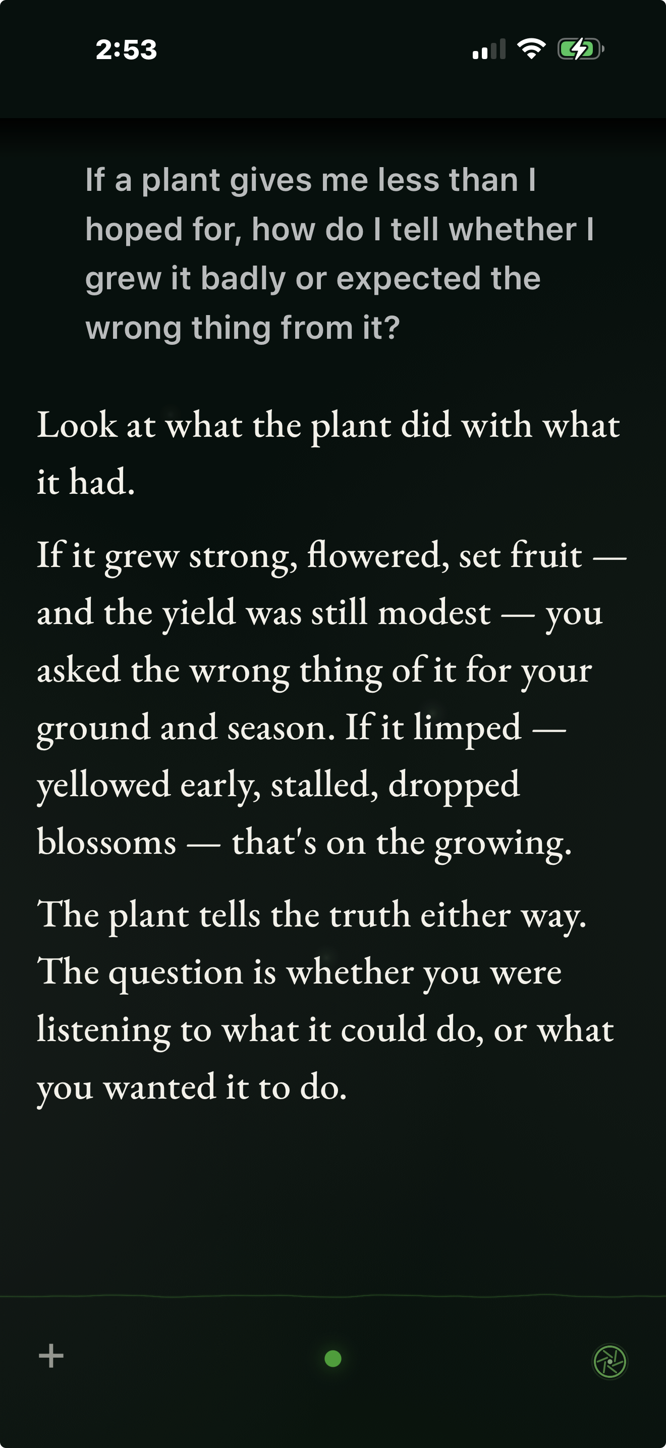 STOMEL conversation screenshot. The steward asks whether a modest harvest reflects how they grew the plant or what they expected. STOMEL responds: Look at what the plant did with what it had.