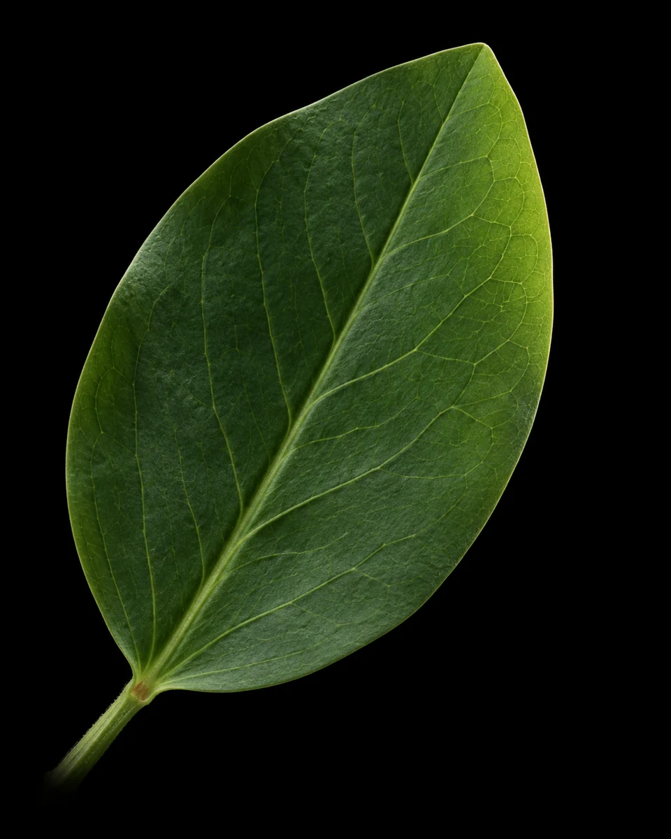 Botanical rendering of a single broad bean leaflet: a continuous midrib, branching veins, and naturally uneven surface lit from the side.